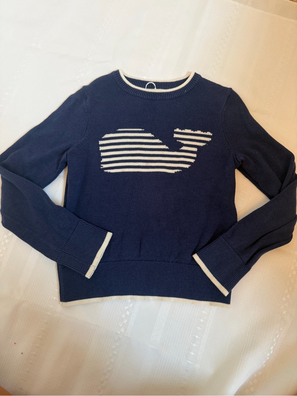 Vineyard Vines Navy Crewneck Whale Sweater with White Stripes